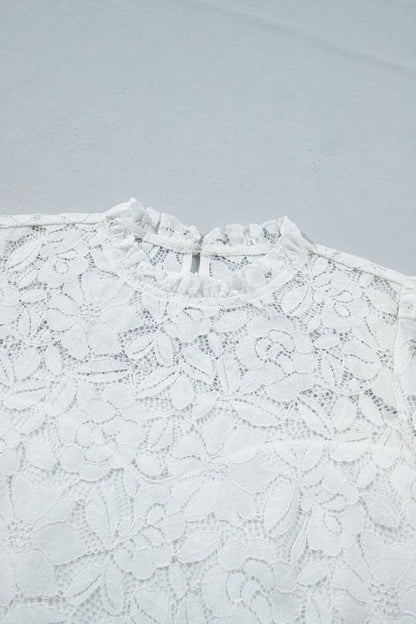 White Ruffled Round Neck Long Flounce Sleeve Sheer Lace Blouse