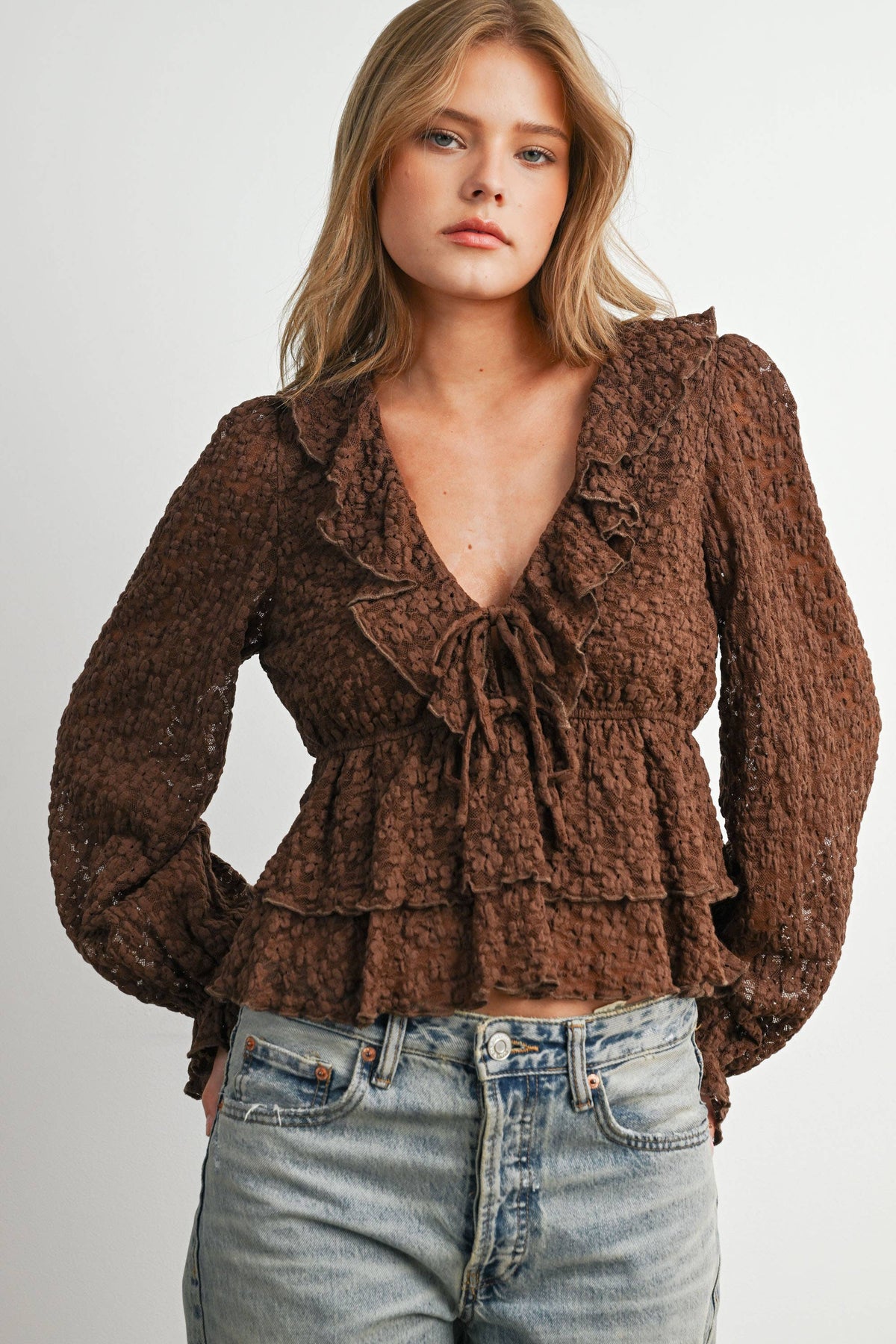 Brown Lace Ruffle Long Sleeve Blouse