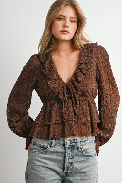 Brown Lace Ruffle Long Sleeve Blouse
