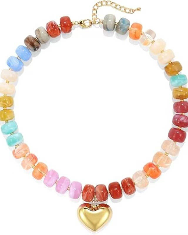 Colorful Resin Bead Necklace with Gold Heart-Shaped Pendant