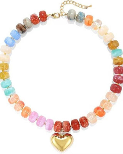 Colorful Resin Bead Necklace with Gold Heart-Shaped Pendant