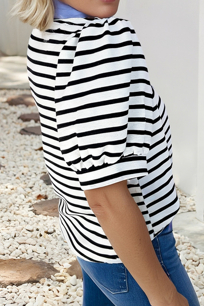 Casual Striped V Neck Short Sleeve Top