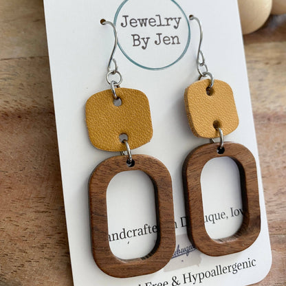 Wood Cutout Rectangle & Mustard Rounded Square Earrings