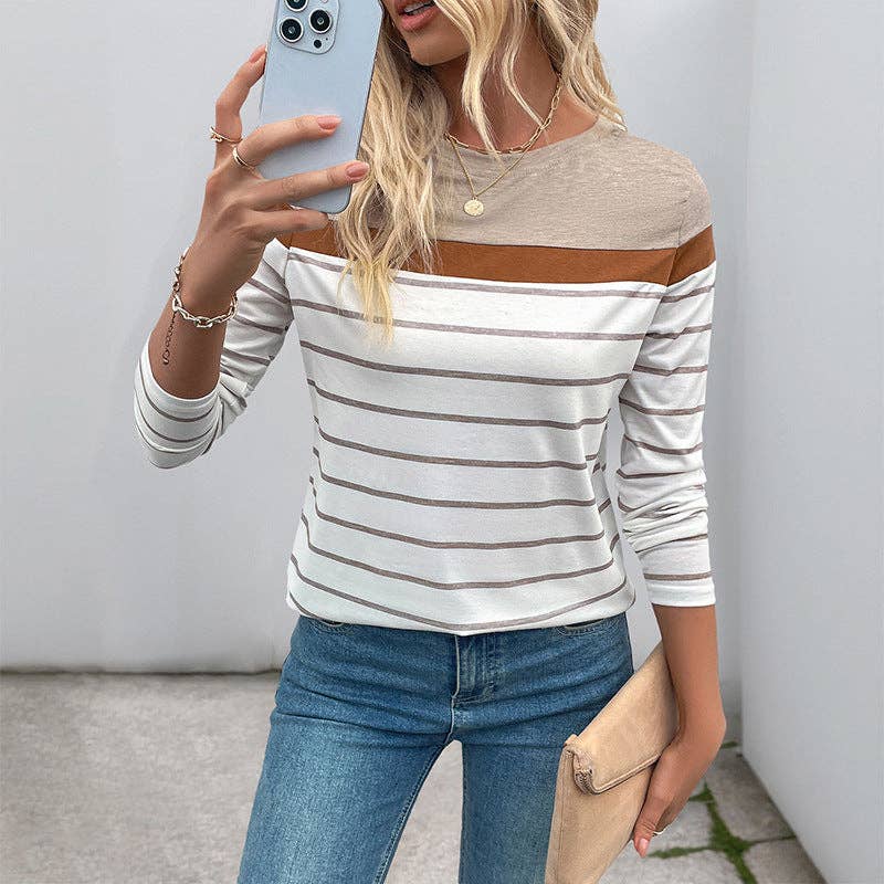 Beige & Camel Colorblock Striped Crewneck Long Sleeve Knit Top