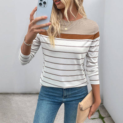 Beige & Camel Colorblock Striped Crewneck Long Sleeve Knit Top