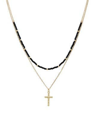 Gold Cross Pendant Black Bead Necklace