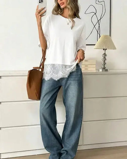 White Lace Trim Relaxed Fit Top