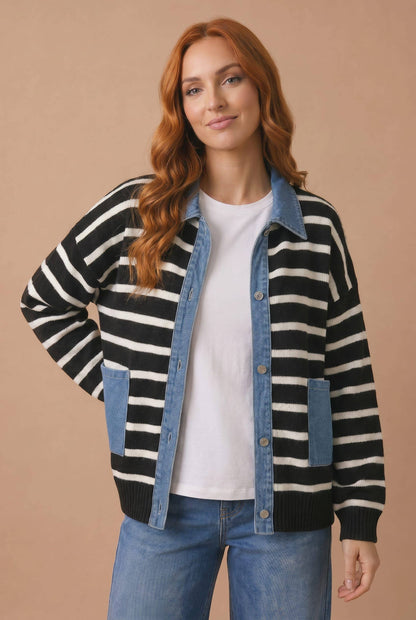 Denim Button Down Stripe Cardigan