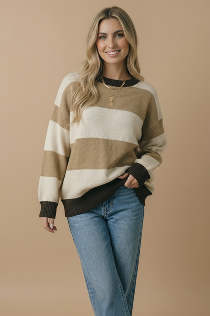 Round Neck Striped Color Block Sweater Top