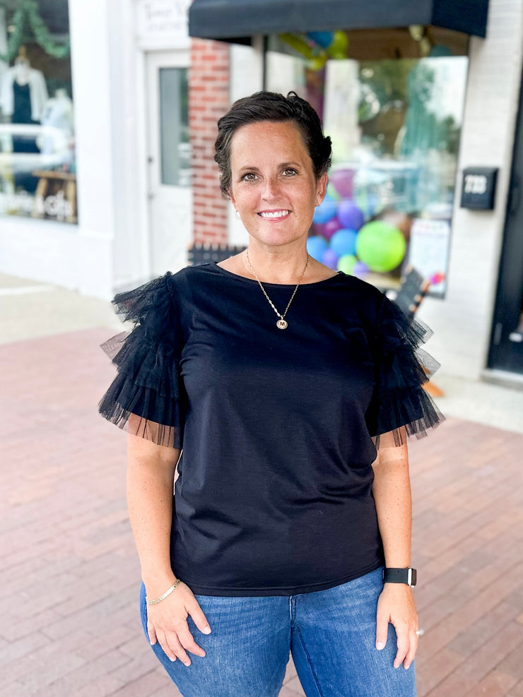 Black Tulle Layered Sleeve Top