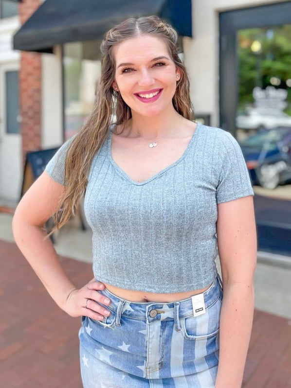 Slate Blue Ribbed Crop Tee