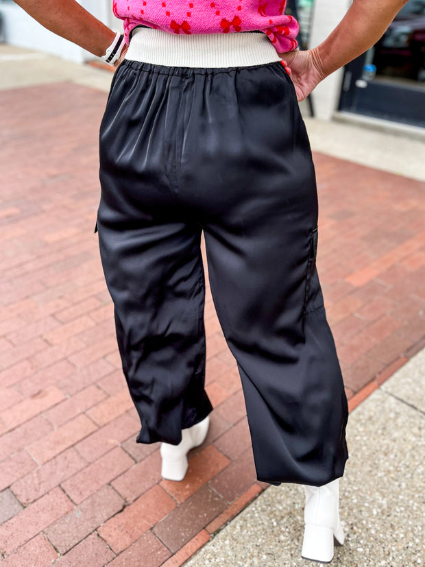 Black Satin Cargo Joggers