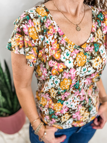 Floral Ruffle Sleeve Knit Top