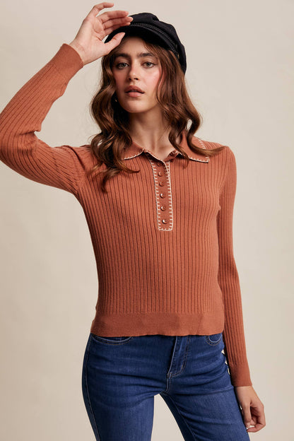 Contrast Stitch Ribbed Knit Top