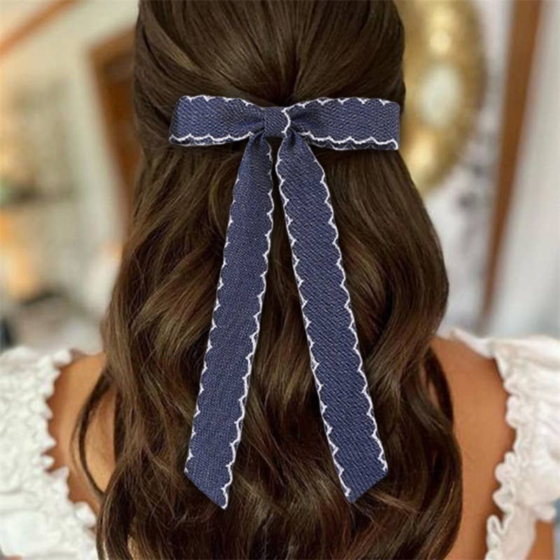 Contrast trim Vintage Denim Ribbon Bow Hair clips- 2PC