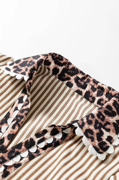 Brown Stripe & Leopard Patchwork Collar V Neck Blouse