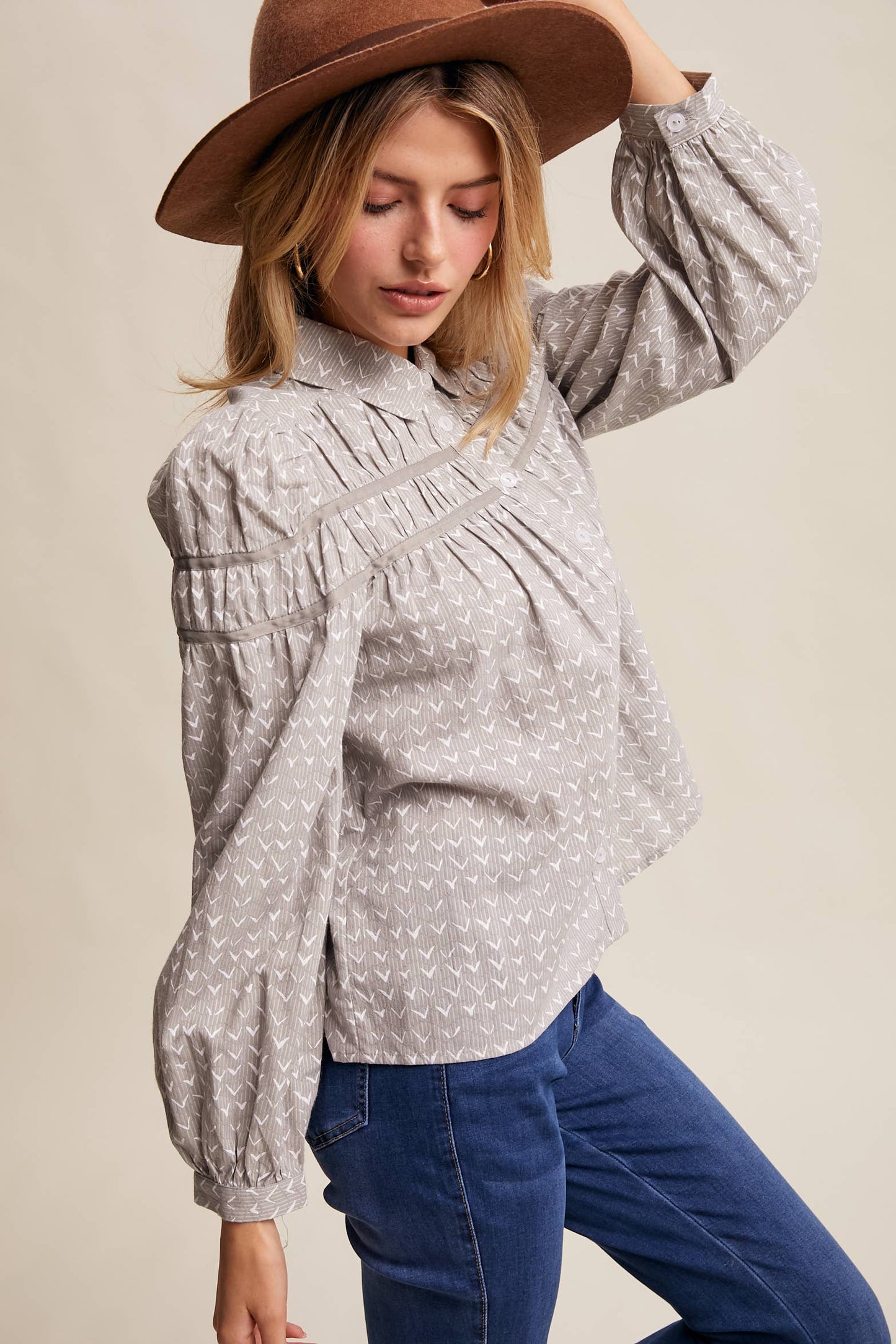 Lavender Grey Pintuck Puff Sleeve Blouse
