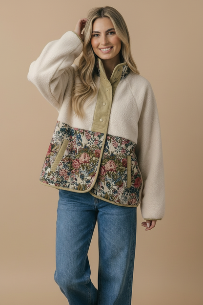 High Neck Snap Button Sherpa Floral Jacket