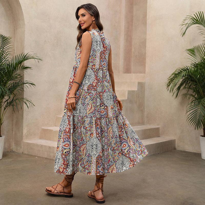 Women’s Boho Paisley Tassel Maxi Dress Sleeveless