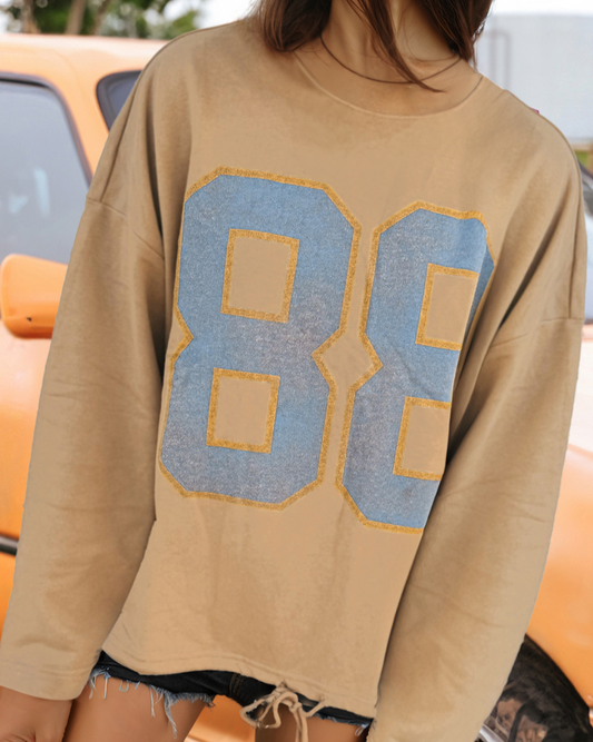 88 Graphic Drawstring Hemline Oversize Long Sleeve Top