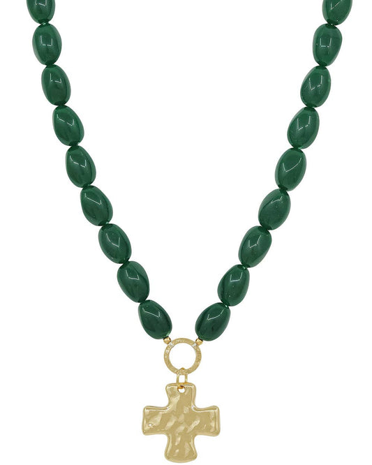 Emerald Green Oval Beaded with Hammered Gold Cross Necklace