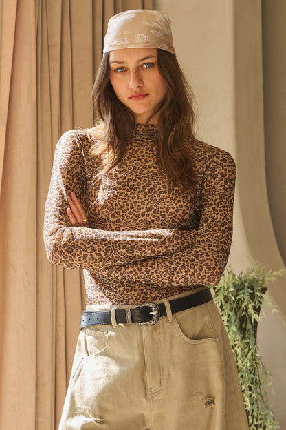 Leopard Printed Mesh Long Sleeve Top