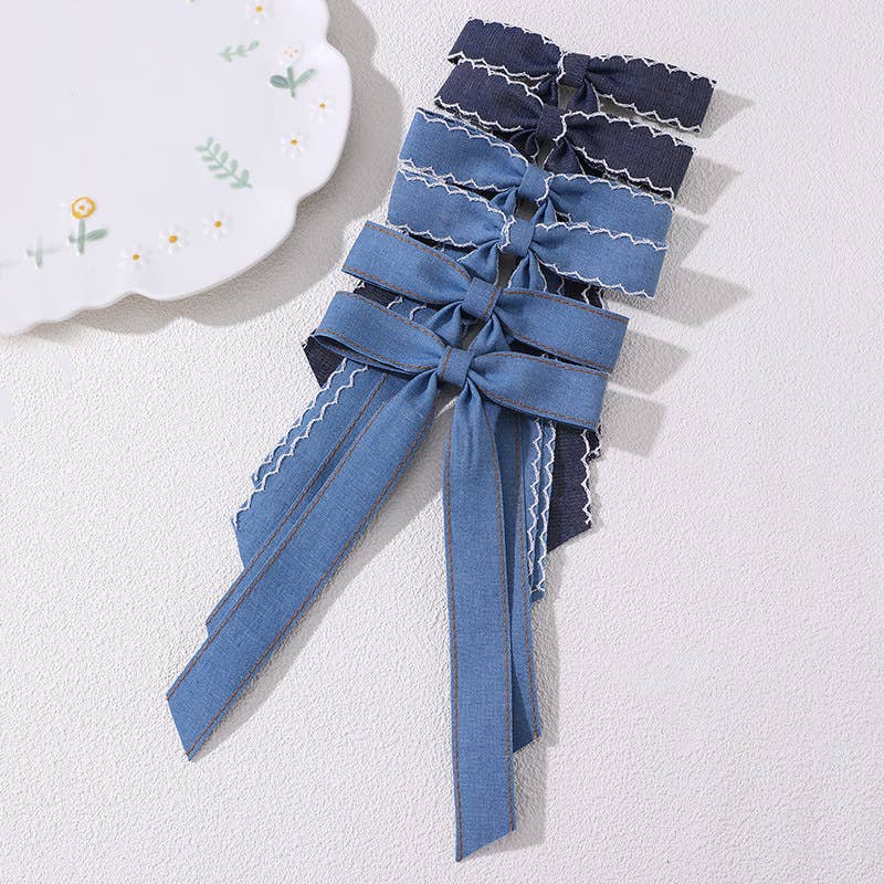 Contrast trim Vintage Denim Ribbon Bow Hair clips- 2PC