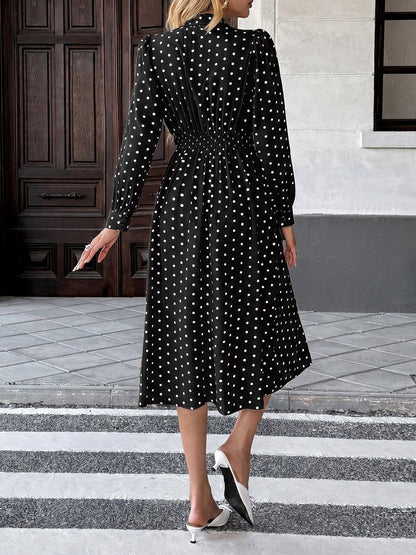 Polka Dot Bow Tie Neck Dress Long Sleeve Vintage Midi