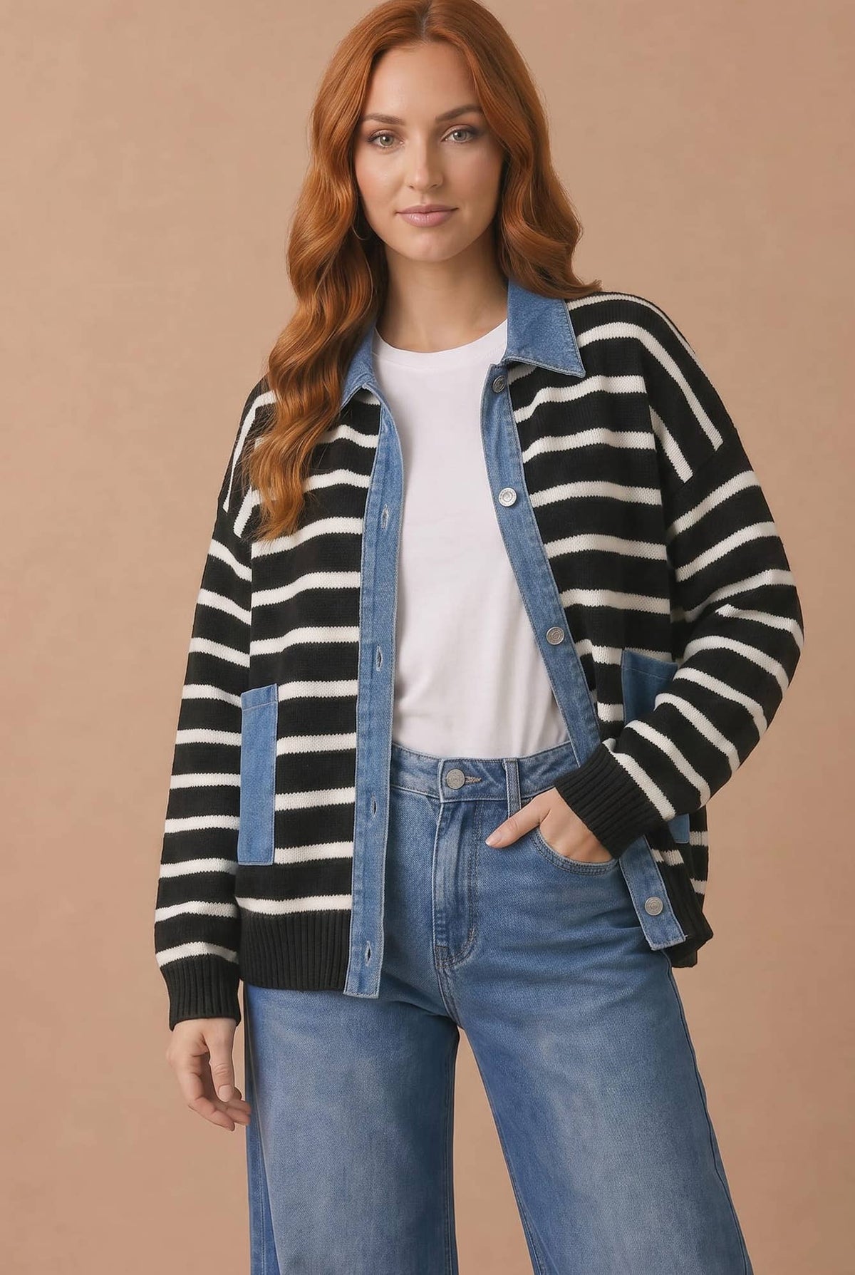 Denim Button Down Stripe Cardigan