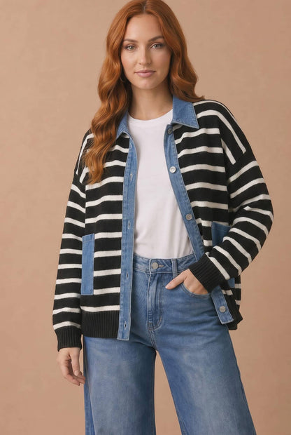 Denim Button Down Stripe Cardigan