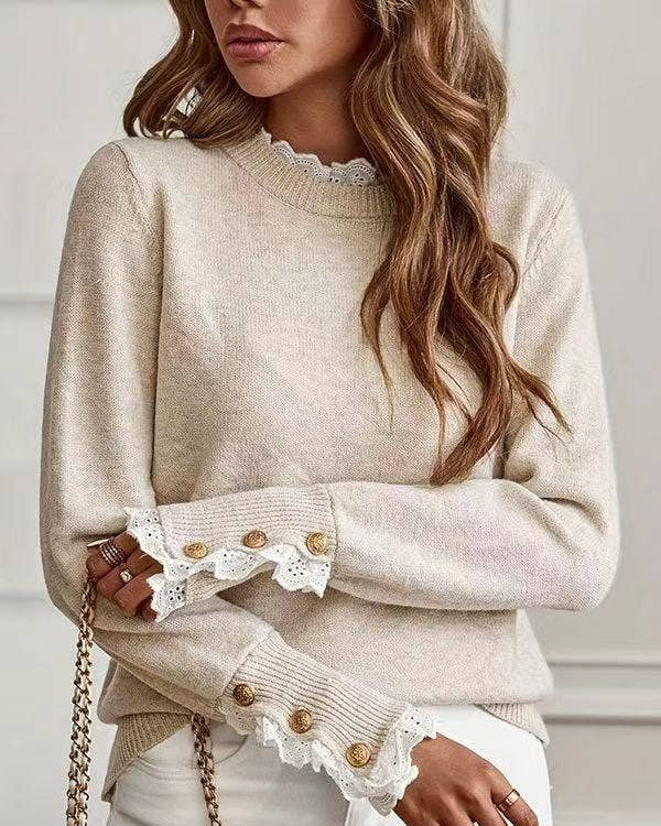 Cream Lace Trim Knit Sweater