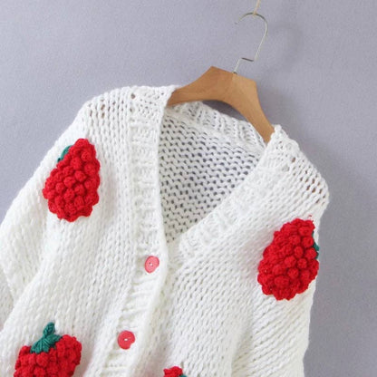 Oversized V-Neck Strawberry Cardigan