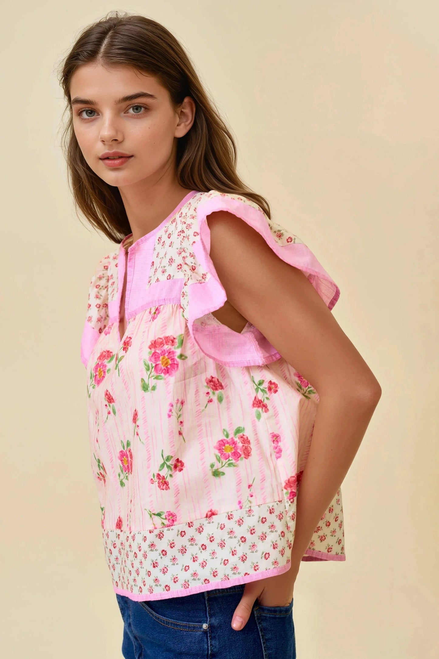 Mixed Floral Print Flutter Sleeve Top