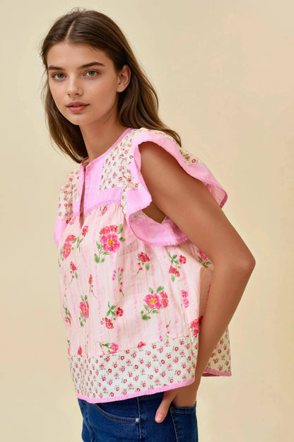 Mixed Floral Print Flutter Sleeve Top
