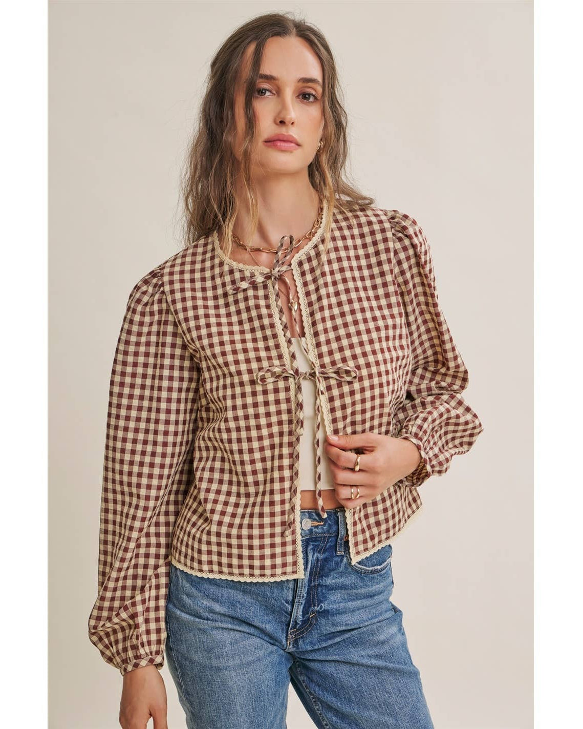 Coquette Gingham Tie Front Blouse