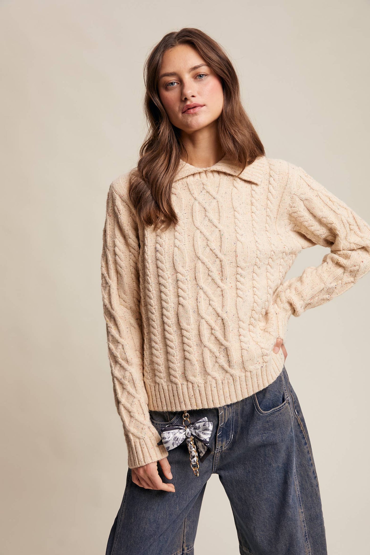 Funfetti Collared Cable Knit Sweater