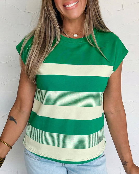 Green Stripe Mixed Print Crew Neck Cap Sleeve T Shirt