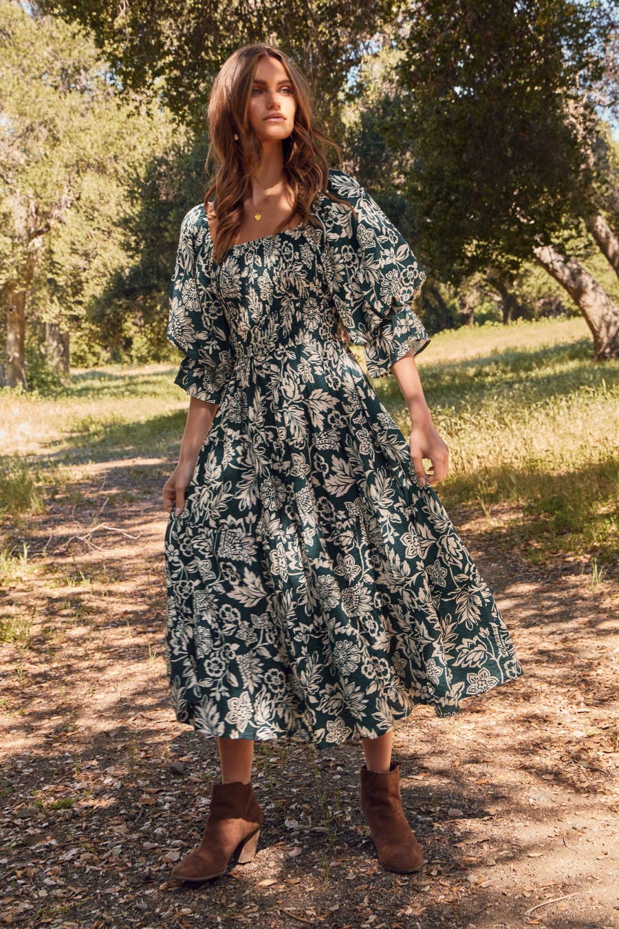 Emerald Green Floral Printed Midi Dress