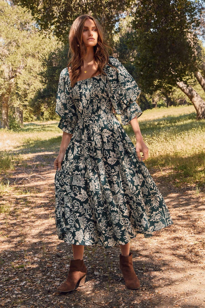 Emerald Green Floral Printed Midi Dress