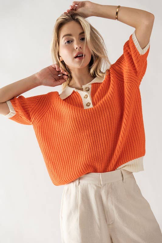 Two Tone Orange Contrast Short Sleeve Sweater