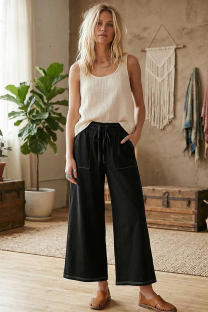 Relaxed Wide Leg Drawstring Knit Pants