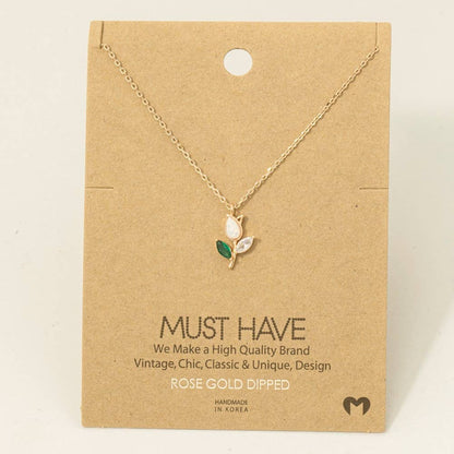 Opal Tulip Flower Green Leaf Necklace