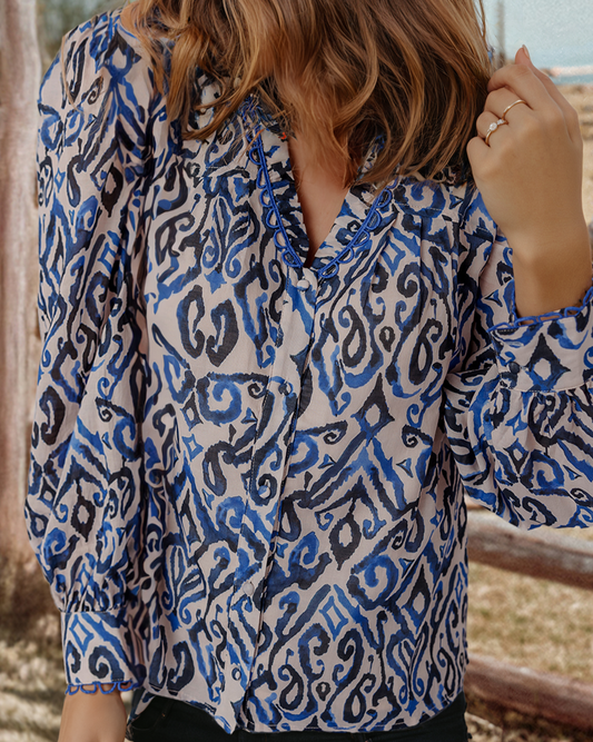 Boho Embroidered V Neck Long Sleeve Shirt