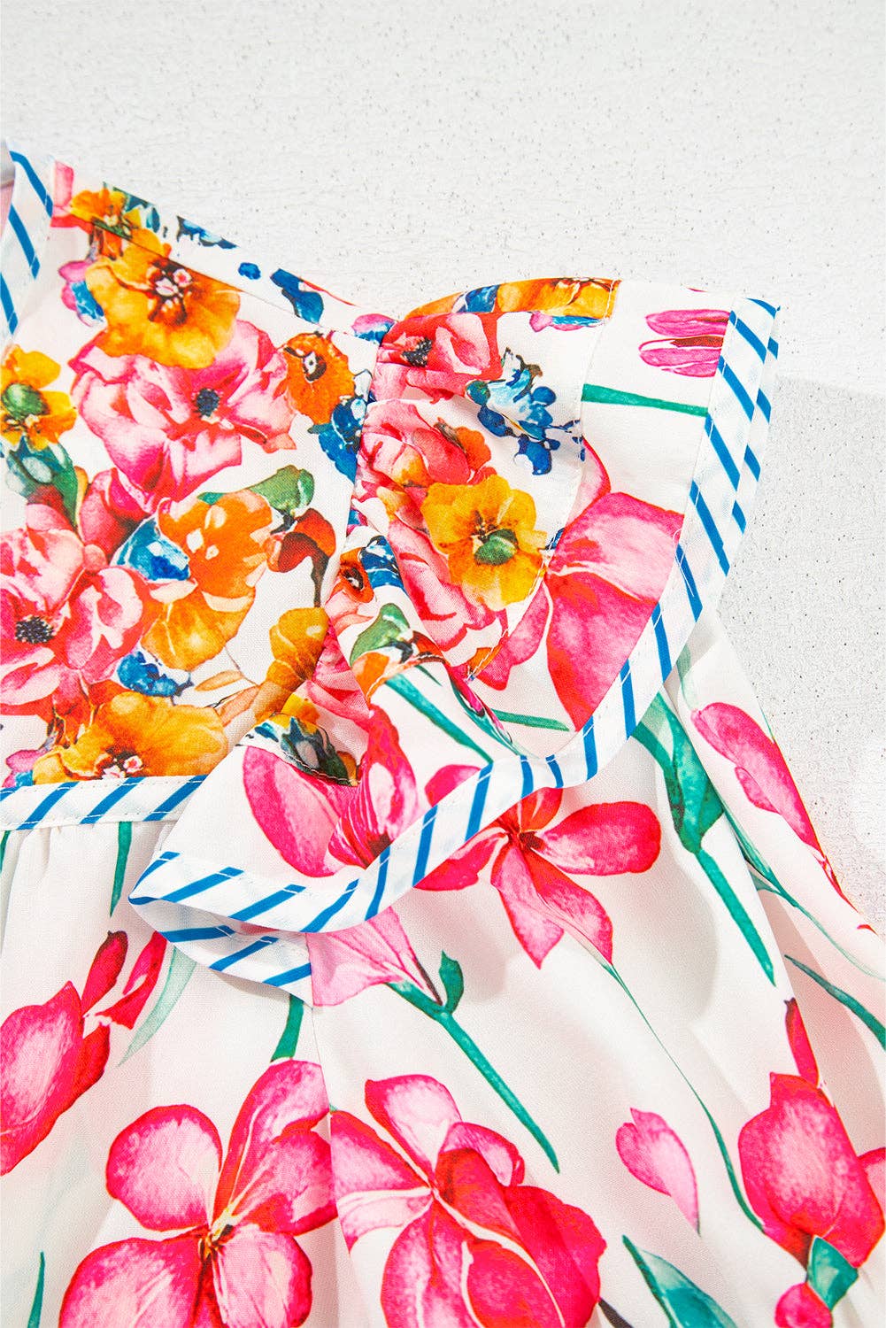 Pink Floral Striped Detail Short Sleeve Blouse