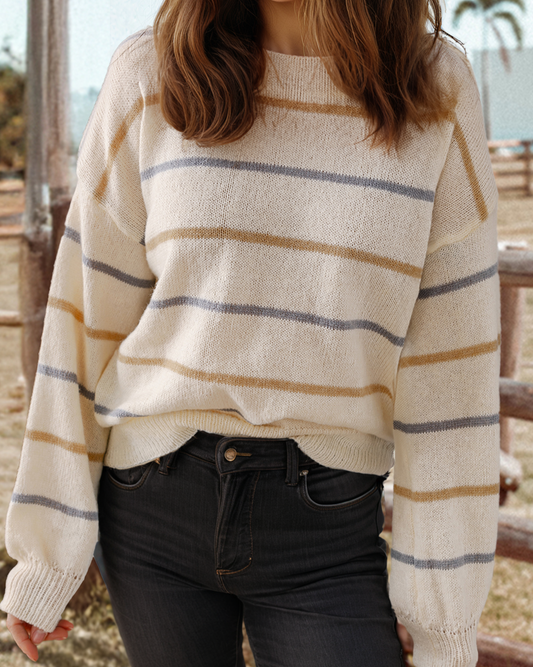 Striped Ribbed Edge Drop Shoulder Sweater