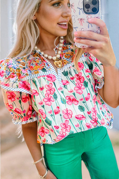 Pink Floral Striped Detail Short Sleeve Blouse