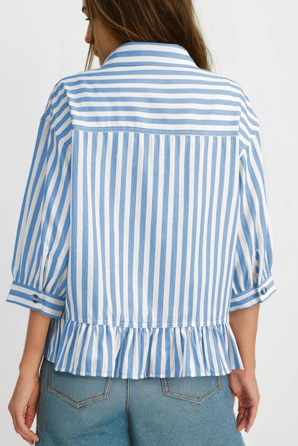 Womens Striped Button Down Ruffle Hem Blouse 3/4 Sleeve