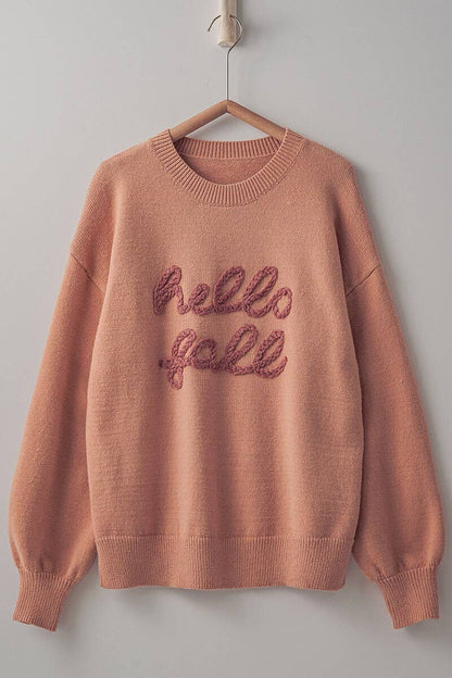 Cozy Embroidered Hello Fall Knit Crewneck Sweater