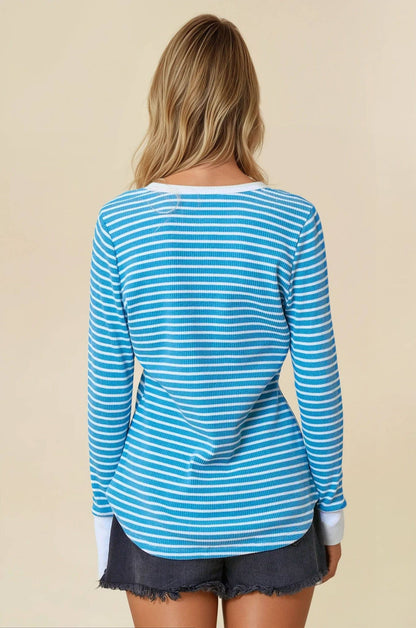 Blue Striped Henley Long Sleeve Top