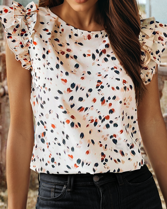 Abstract Ruffle Flutter Sleeve Keyhole Back Slim Blouse